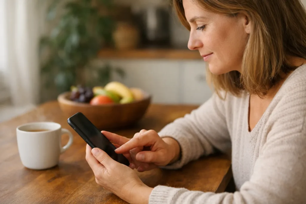 Persoon aan de keukentafel die een video op een smartphone deelt.