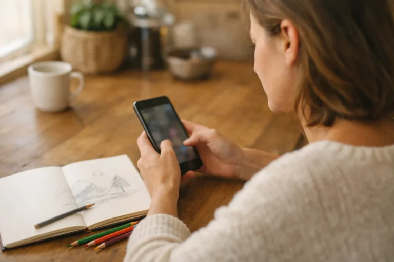 Persoon bekijkt een smartphone aan de keukentafel, met een schetsboek en kleurpotloden ernaast.