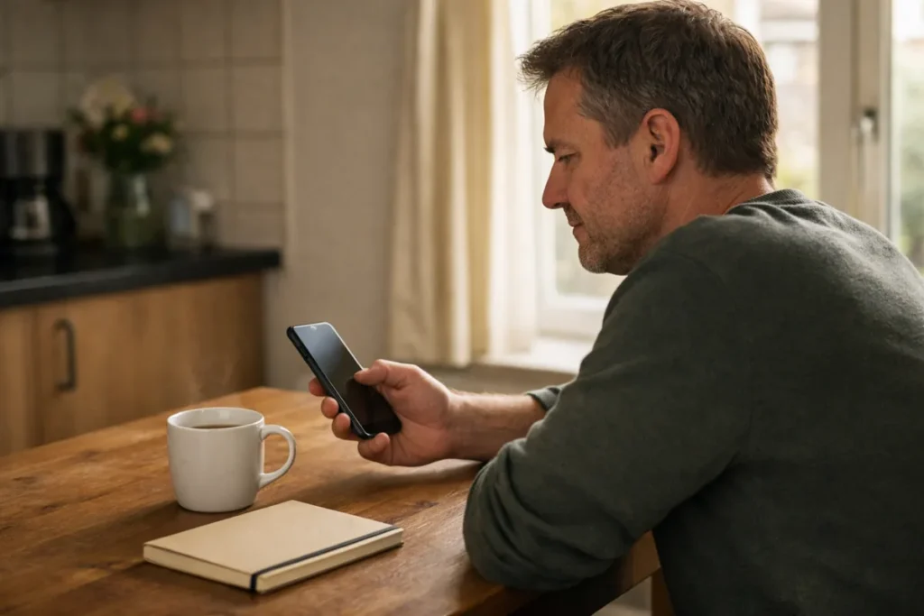 Persoon kijkt aan de keukentafel naar een smartphone.