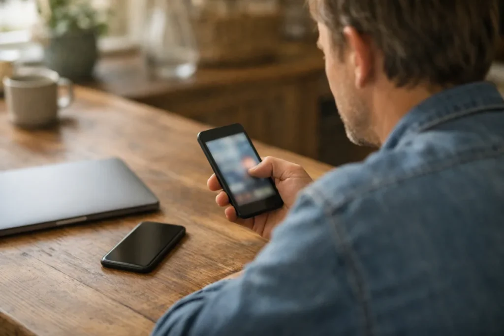Persoon bekijkt een video op een telefoon met een tweede toestel op de keukentafel.