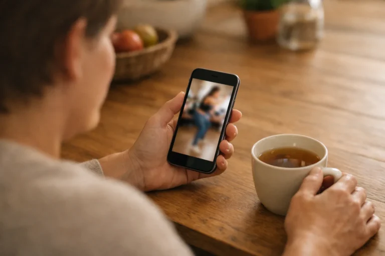 Iemand bekijkt een eigen video op een iPhone aan de keukentafel.