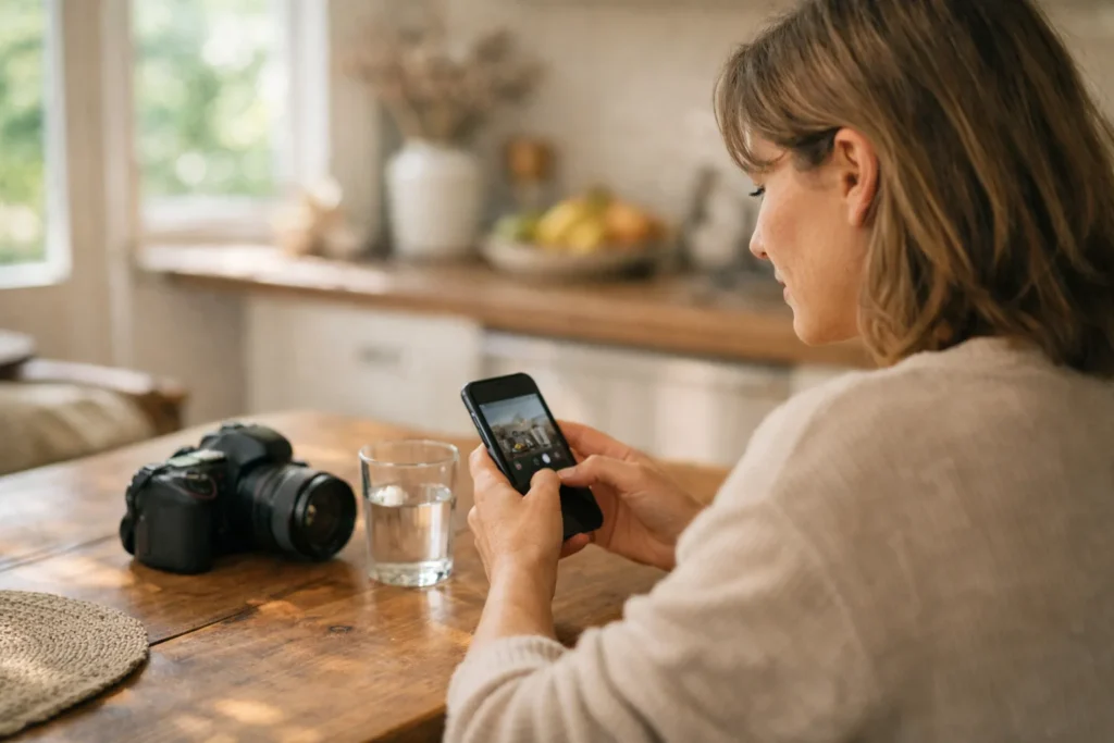 Persoon aan de keukentafel die op een telefoon een Instagram bericht voorbereidt voor later.
