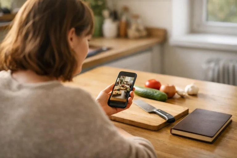 Persoon bekijkt aan de keukentafel een video op de telefoon om later te bewaren.