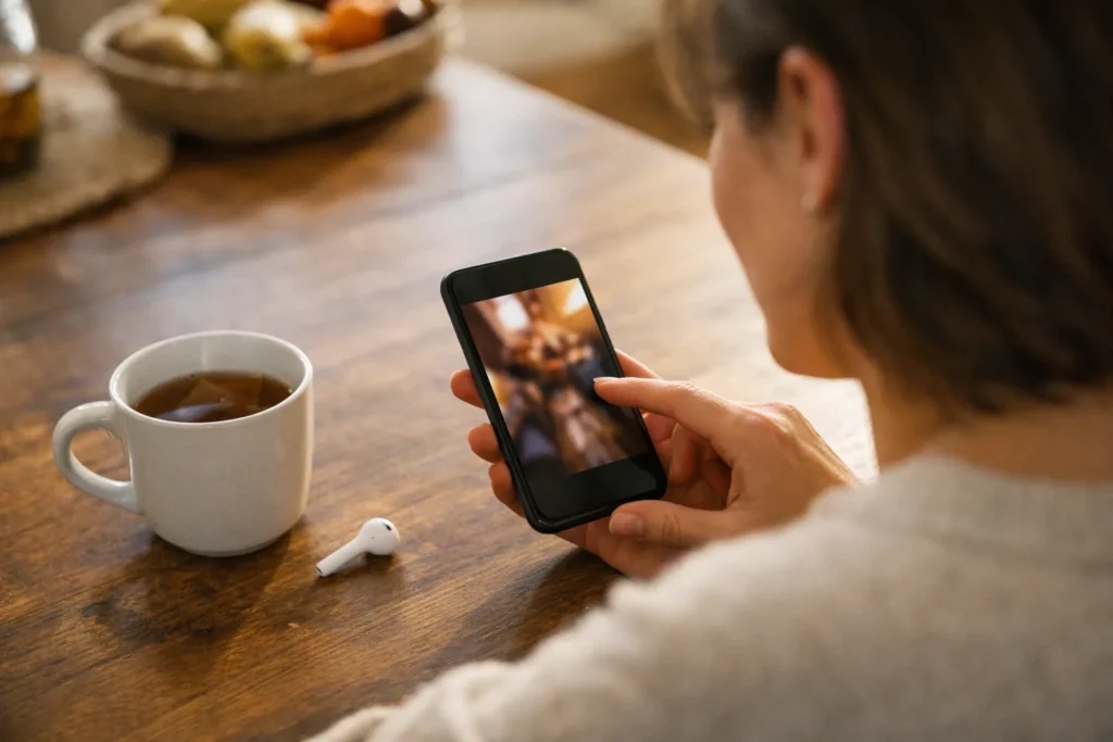 Persoon bekijkt een opgeslagen video op de telefoon aan de keukentafel.