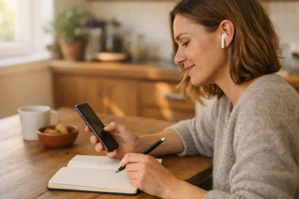 Persoon luistert met oortjes naar muziek op een telefoon aan de keukentafel.