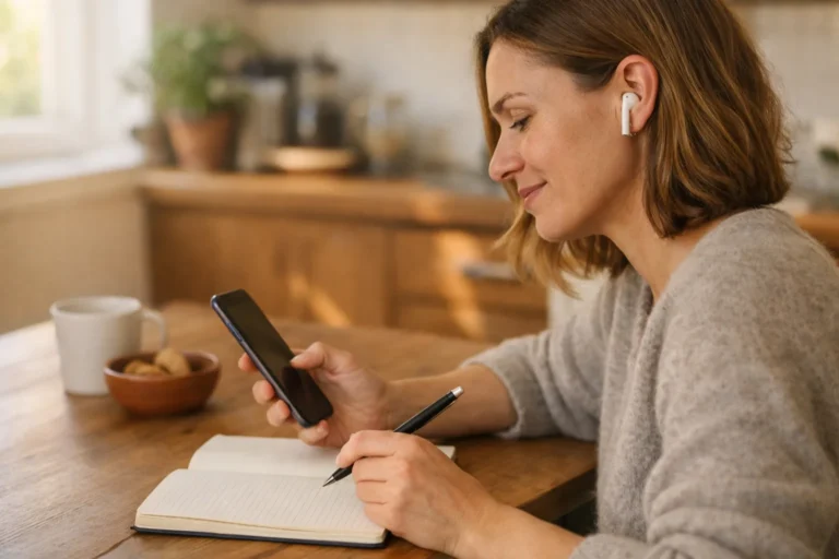 Persoon luistert met oortjes naar muziek op een telefoon aan de keukentafel.