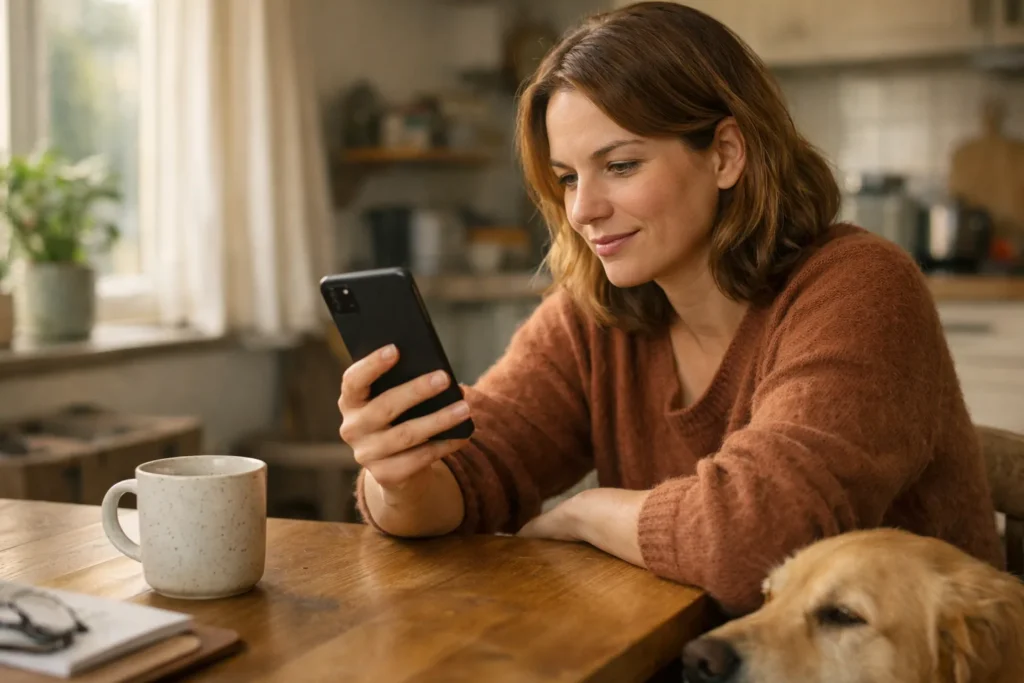 Iemand bekijkt een telefoon aan de keukentafel na het filmen van een hond.