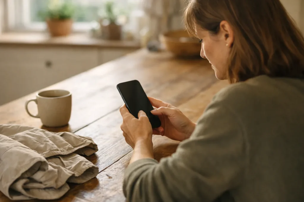 Een persoon bekijkt thuis een smartphone om een eigen TikTok Story te bewaren.