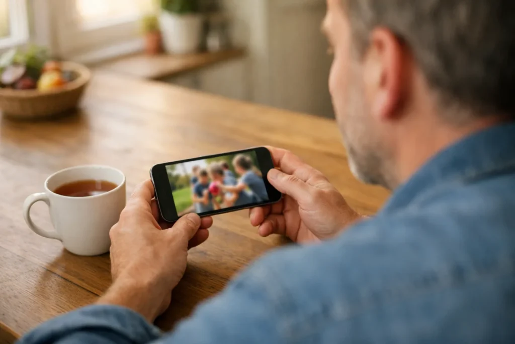 Iemand bekijkt een video op een iPhone aan de keukentafel.