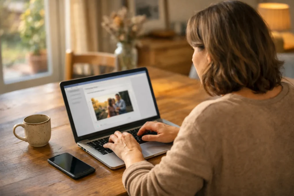 Iemand bereidt aan de keukentafel een Facebook bericht voor op een laptop.