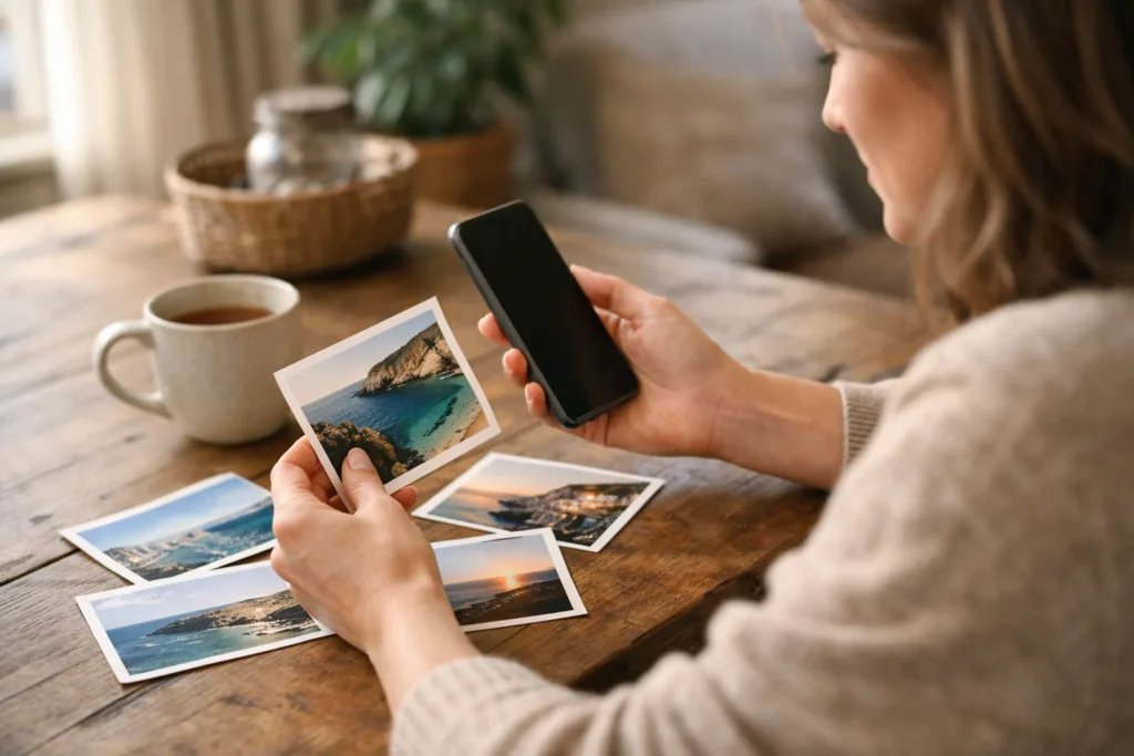 Een persoon bereidt aan de keukentafel een Instagram bericht met vakantiefoto’s voor.