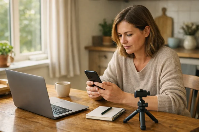 Persoon bereidt aan de keukentafel een Instagram Reel voor met een telefoon en laptop.