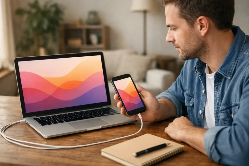 Iemand bereidt thuis een schermdeling voor met een telefoon naast een laptop.