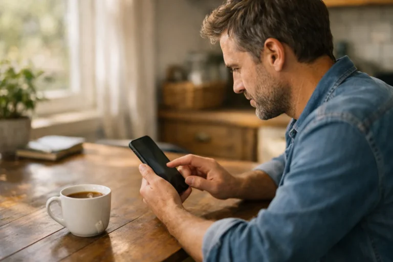 Persoon bekijkt een smartphone aan de keukentafel om een gearchiveerde Instagram foto terug te vinden.