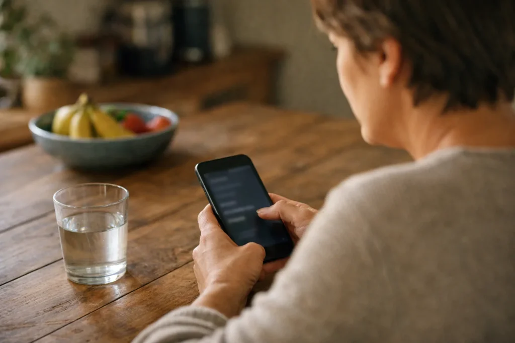 Iemand bekijkt thuis op een smartphone de instellingen van een sociaal account.