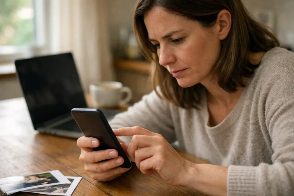 Een persoon zoekt op een telefoon naar een verdwenen Instagram foto aan de keukentafel.