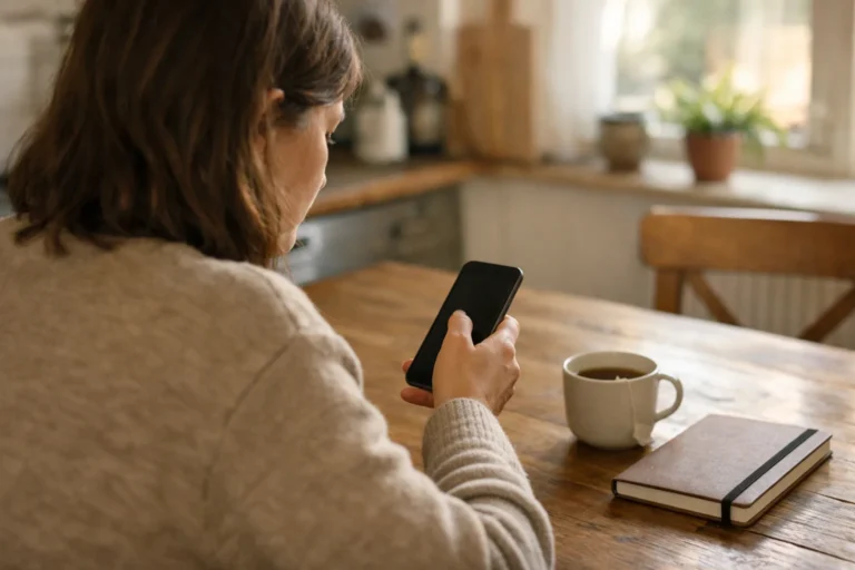 Persoon aan de keukentafel die op een telefoon naar een oude Instagram story zoekt.