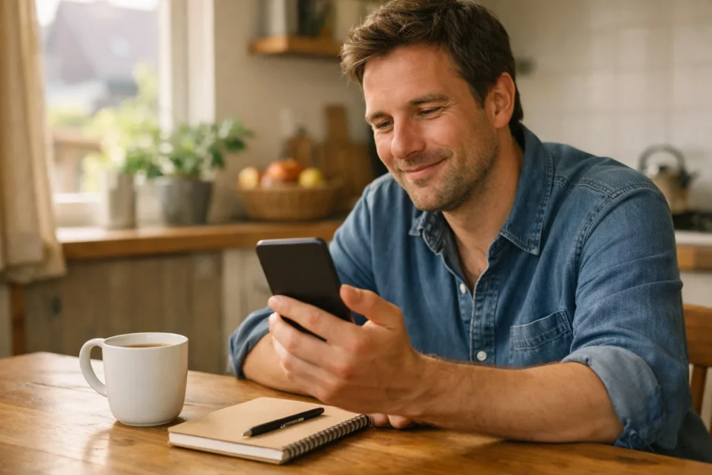 Persoon bekijkt een video op een smartphone aan de keukentafel.