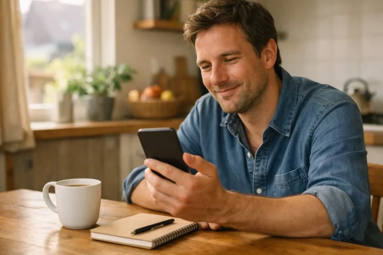 Persoon bekijkt een video op een smartphone aan de keukentafel.