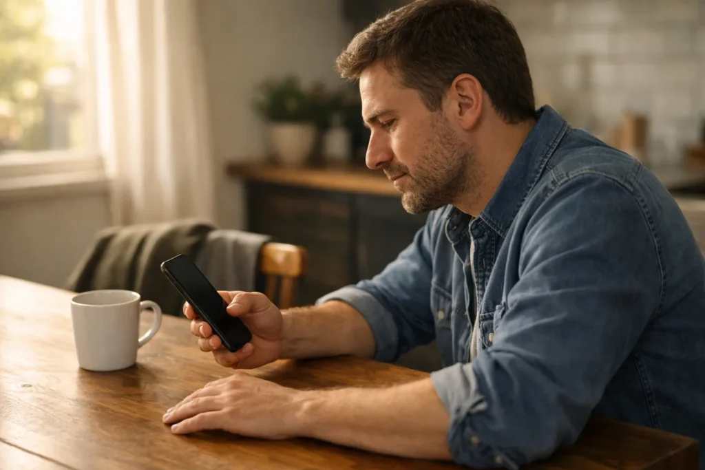 Persoon bekijkt een smartphone aan de keukentafel in warm daglicht.