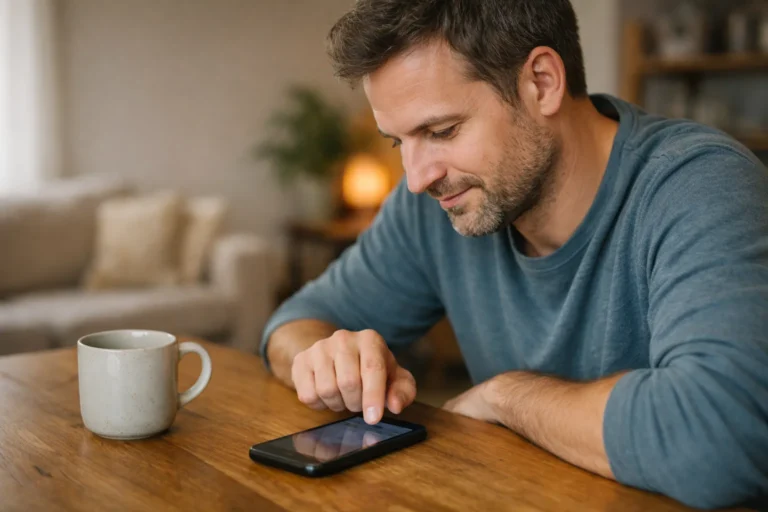 Persoon die thuis aan tafel op een telefoon naar eerdere Facebook likes zoekt.