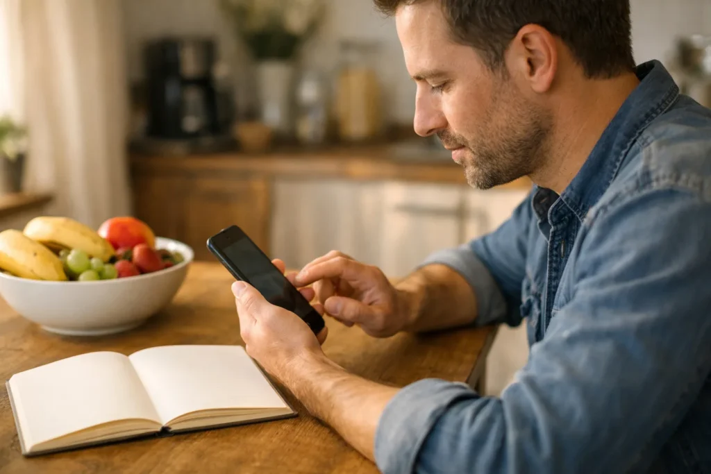 Iemand zoekt aan de keukentafel op een smartphone naar een eerder gelikete video op TikTok.
