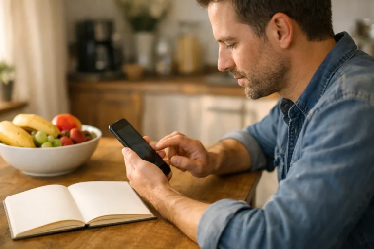 Iemand zoekt aan de keukentafel op een smartphone naar een eerder gelikete video op TikTok.
