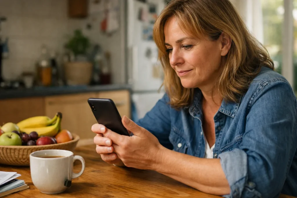 Persoon aan de keukentafel die op een telefoon berichten van vrienden bekijkt.