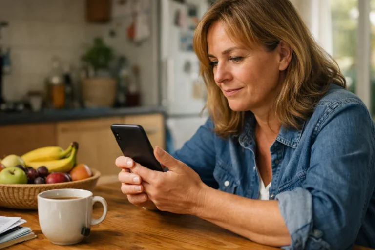Persoon aan de keukentafel die op een telefoon berichten van vrienden bekijkt.