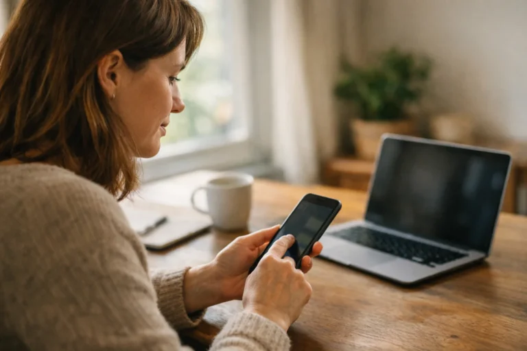 Een persoon bekijkt berichten op een telefoon aan de eettafel, met een laptop ernaast.