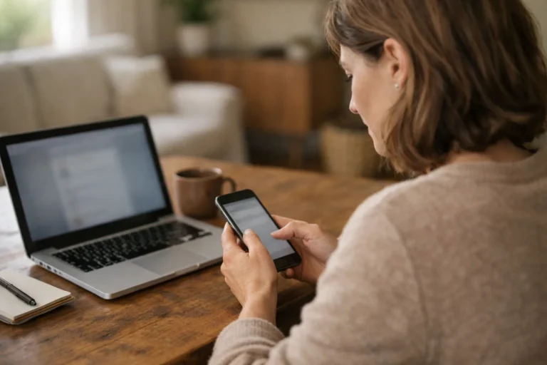 Persoon zoekt op een telefoon naar een oude Instagram bio, met een laptop op tafel.