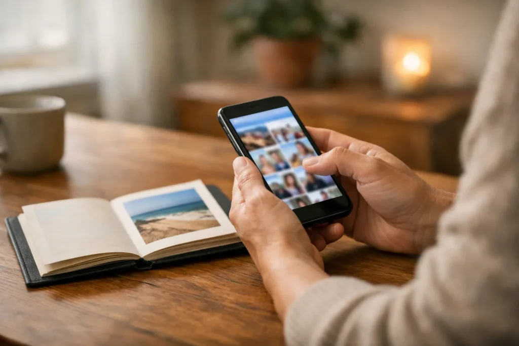 Een persoon bekijkt thuis een smartphone bij het zoeken naar een oud Facebookverhaal.