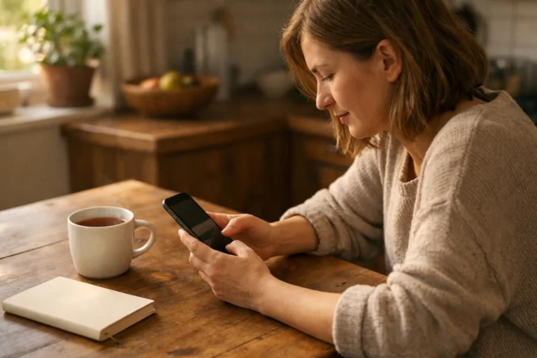 Persoon zoekt aan de keukentafel op een smartphone naar een eerder geliket bericht.