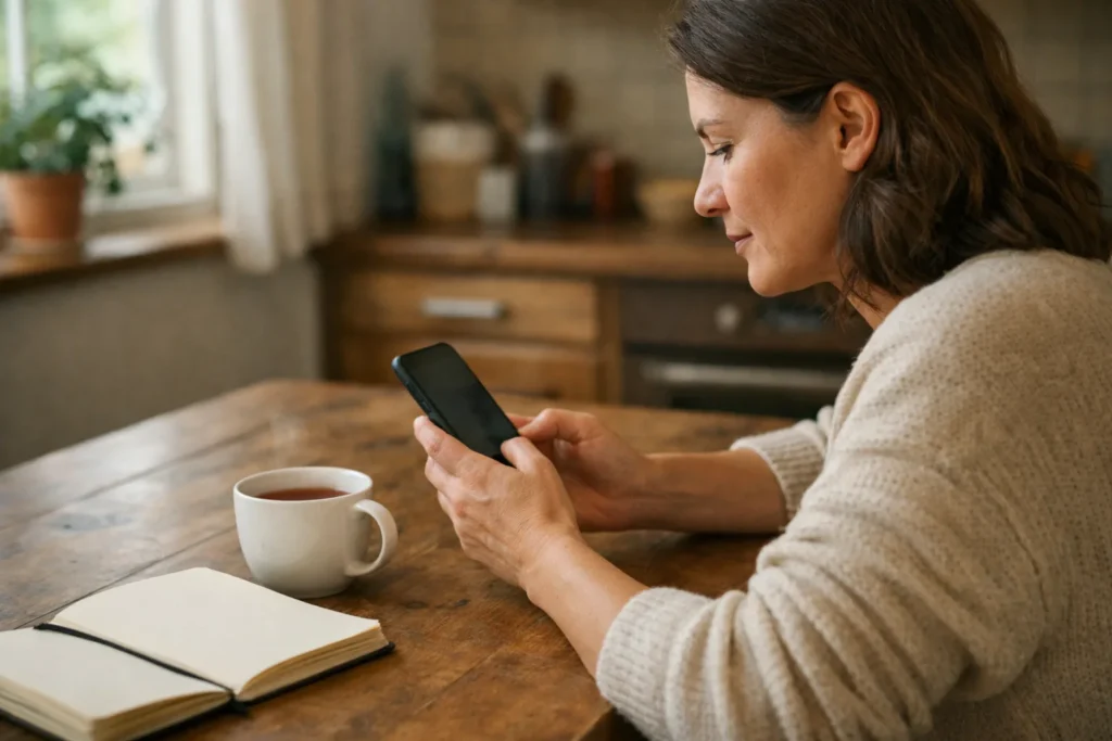 Persoon zoekt aan de keukentafel op een telefoon naar een eerder bekeken Instagram bericht.
