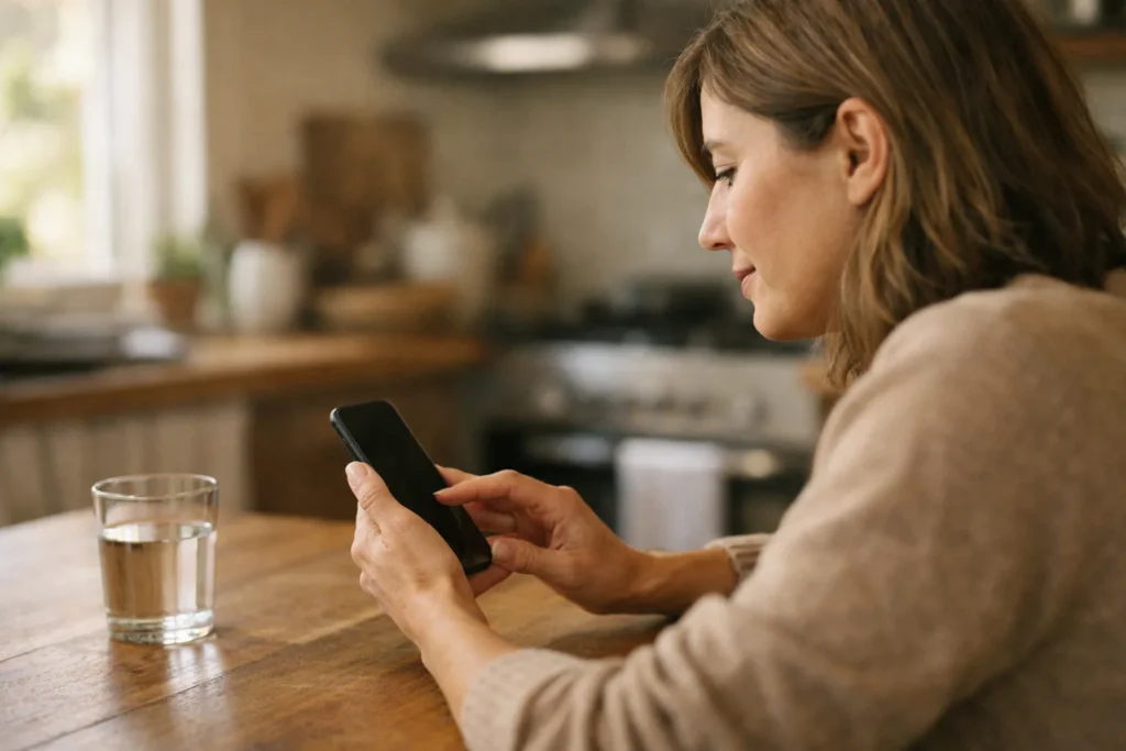Een persoon zoekt op een smartphone naar een eerder gedeelde TikTok video aan de keukentafel.