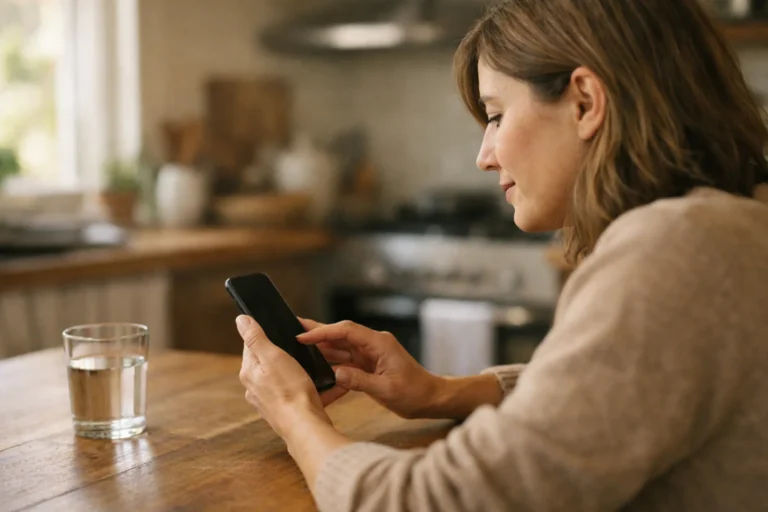 Een persoon zoekt op een smartphone naar een eerder gedeelde TikTok video aan de keukentafel.
