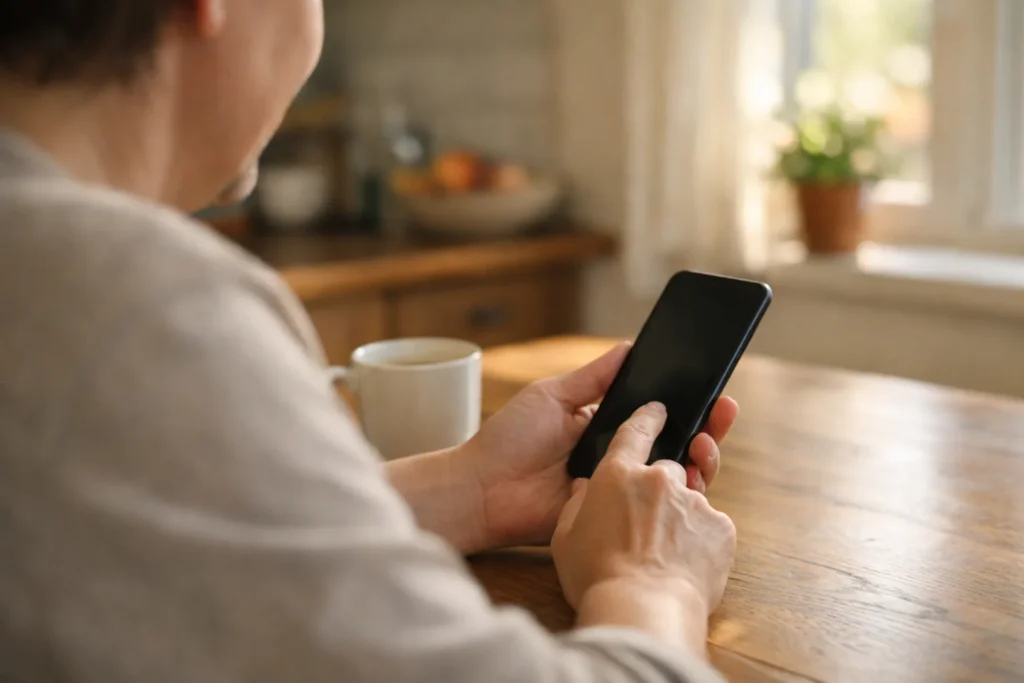 Persoon aan de keukentafel die op een smartphone kijkt.