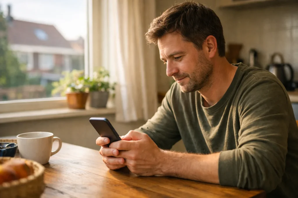 Persoon zoekt op een smartphone naar een gedeelde TikTok video aan de keukentafel.
