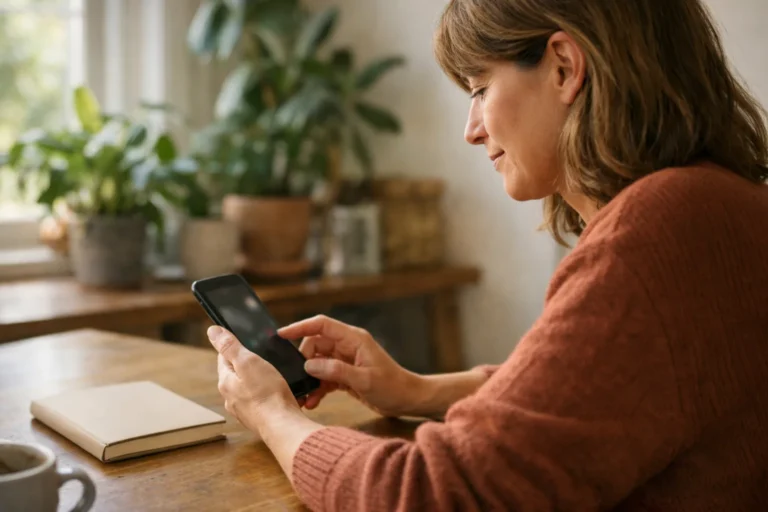 Iemand zoekt op een smartphone naar een videoreactie op TikTok aan de keukentafel.