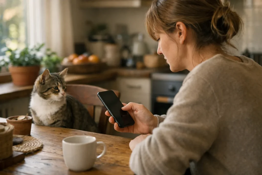 Iemand bekijkt een smartphone aan de keukentafel terwijl een kat op de stoel ernaast zit.
