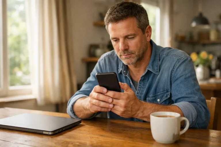 Persoon bekijkt thuis aandachtig een smartphone aan de keukentafel.