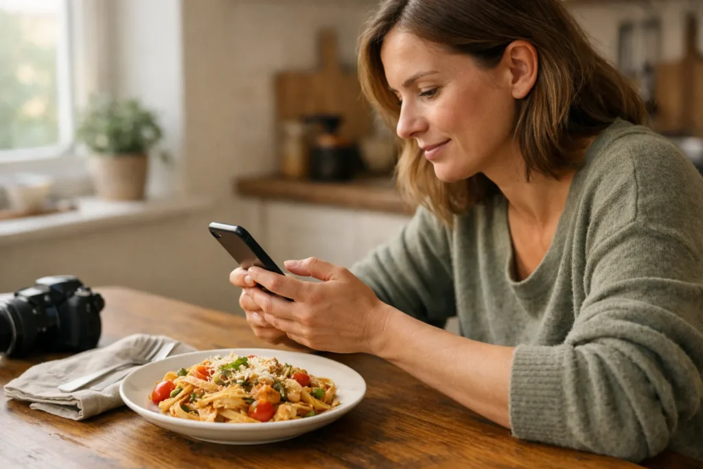 Persoon bekijkt een smartphone aan de keukentafel naast een bord zelfgemaakte pasta.