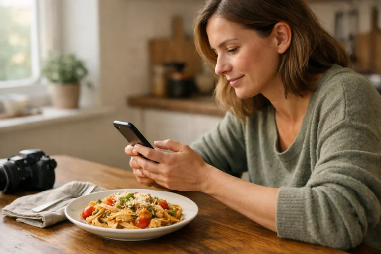 Persoon bekijkt een smartphone aan de keukentafel naast een bord zelfgemaakte pasta.