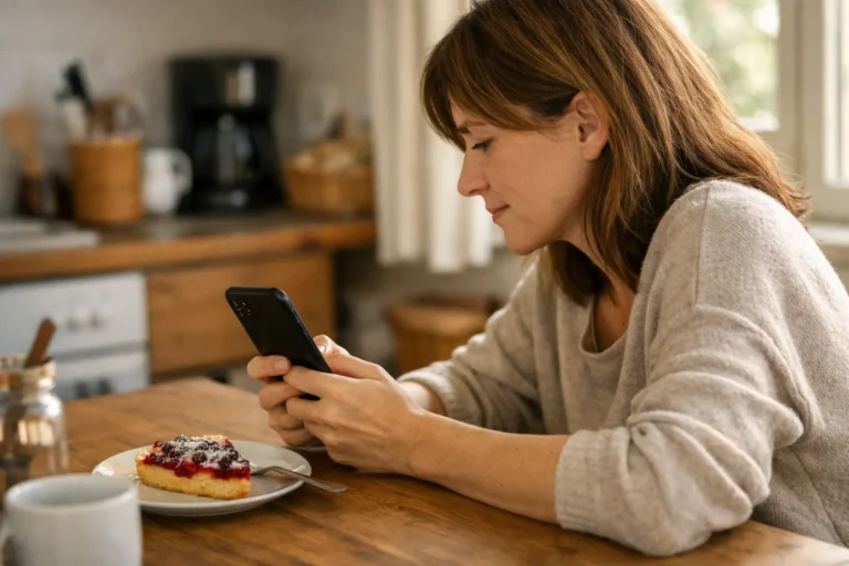 Persoon bekijkt een smartphone aan de keukentafel met een zelfgemaakte taart ernaast.