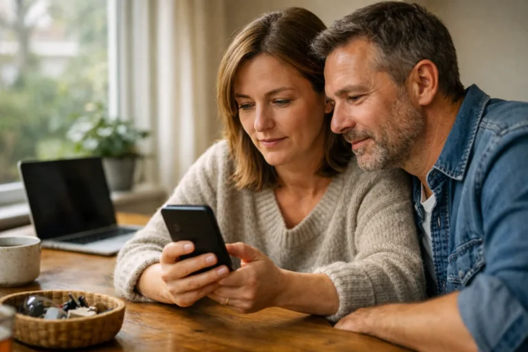 Twee mensen bekijken samen een smartphone aan de eettafel.