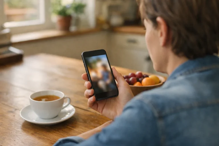 Persoon bekijkt een smartphone aan de keukentafel om de kijkers van een Facebook verhaal te controleren.