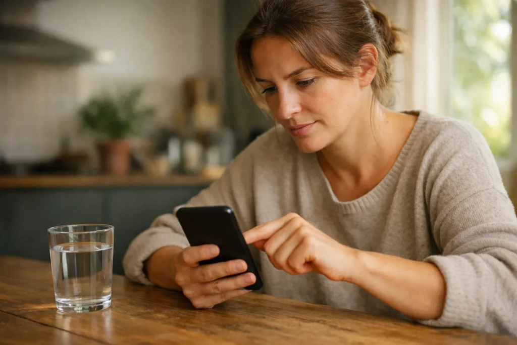 Persoon aan de keukentafel die aandachtig een smartphone bekijkt.