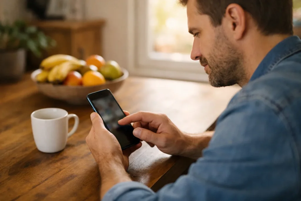 Persoon zoekt op een smartphone naar een eerder geliket Instagram bericht aan de keukentafel.