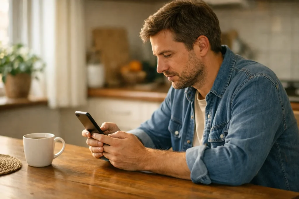 Persoon aan de keukentafel die op een telefoon naar een eerder bekeken TikTok video zoekt.