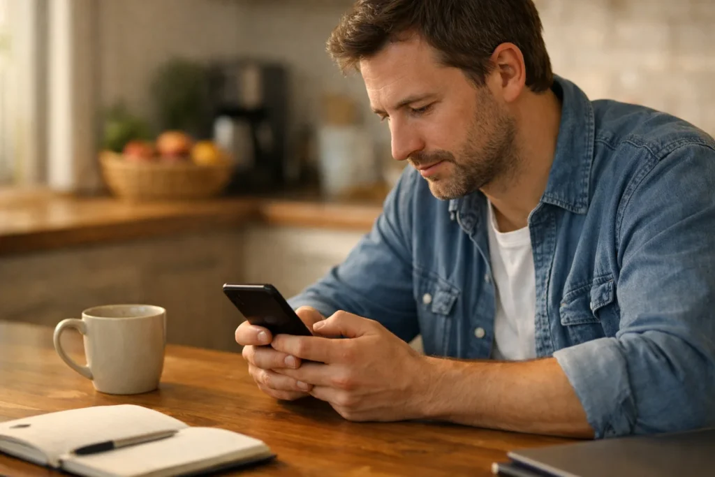 Persoon zoekt thuis op een telefoon naar een opgeslagen TikTok wachtwoord.